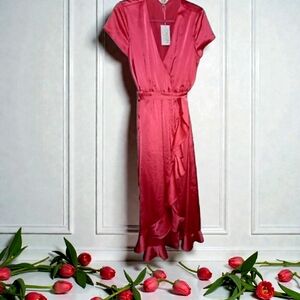Crosby Mollie Burch Ruffled Faux Wrap Dress NWT, Barbie Pink, Medium GORGEOUS!